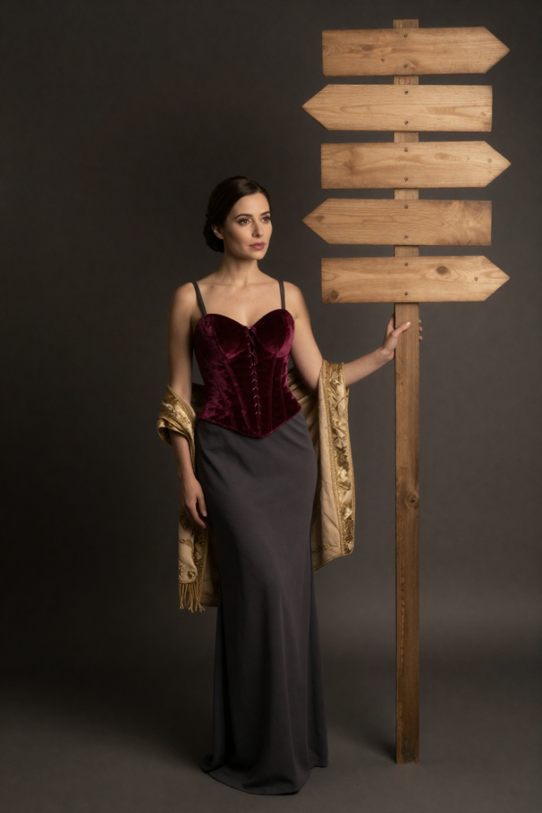 Dark-haired muse in a wine velvet corset with her hand on the AiPronNav signpost